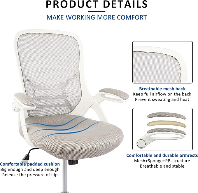 HYLONE Drafting Chair, Tall Office Chair Standing Desk Stool with Adjustable Foot Ring, Flip-Up Arms, Mesh High-Back Drafting Table Chair, White & Grey-DeskLoop Office