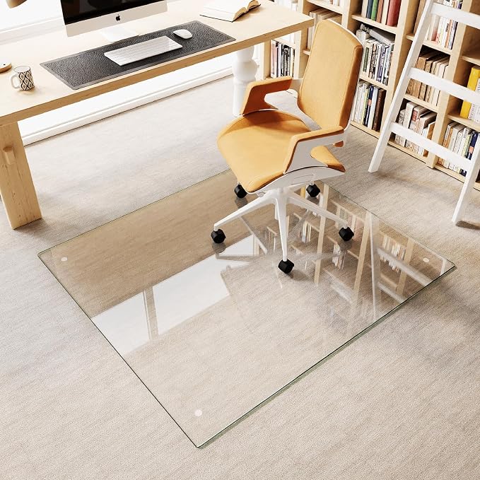 Tempered Glass Chair Mat, 4 Non‑Slip Pads, Smooth Glide & Easy Clean, Carpet by MYSUNORIA