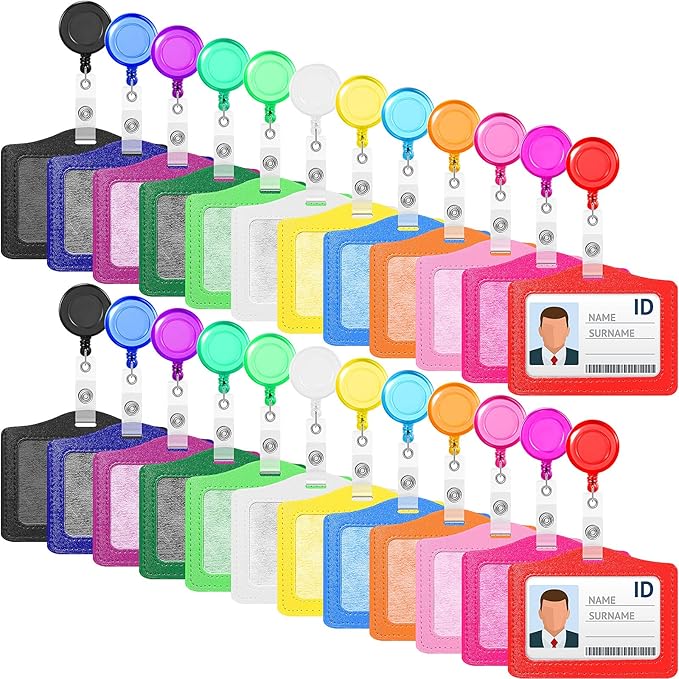 24 Sets Retractable Badge Reels Multicolor Name ID Card Holder PU Leather by Tenare