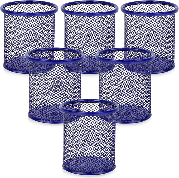 Segarty Pen Cup, 6 Pack Round Cute Dark Blue Pen Holder for Desk, Wire Mesh Pencil Holder Container Set, Desktop Organizer for Office Supplies, Maker, School, Home Storage, Makeup Brush-DeskLoop Office