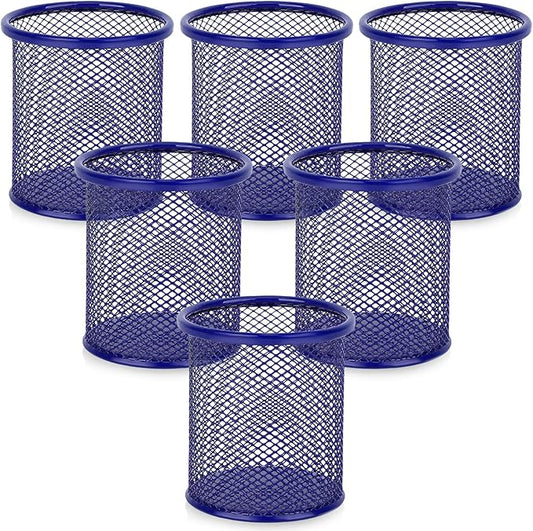 Segarty Pen Cup, 6 Pack Round Cute Dark Blue Pen Holder for Desk, Wire Mesh Pencil Holder Container Set, Desktop Organizer for Office Supplies, Maker, School, Home Storage, Makeup Brush-DeskLoop Office