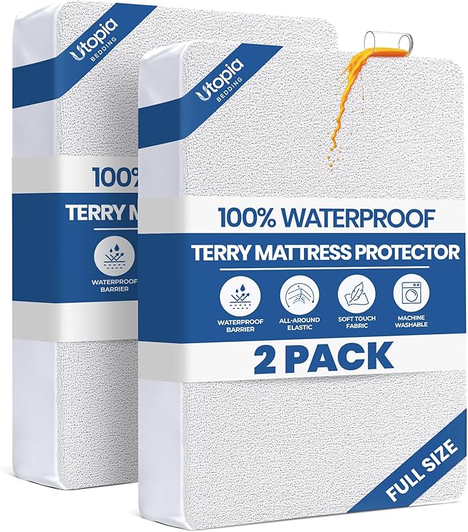 Full Size Mattress Protector Waterproof 2 Pack, Premium 200 GSM Terry Mattress by UTOPIABEDDING
