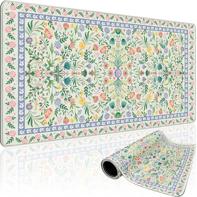 Green Floral Desk Mat, 31.5"x15.7" Large Mouse Pad, Anti-Slip Rubber Base by Mcapirivo