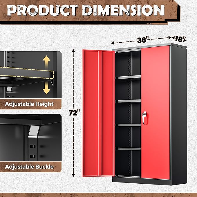 INTERGREAT Metal Lockable Storage Cabinet, 72” H Storage Cabinet with 2 Doors and 4 Adjustable Shelves for Office, Home, Garage, Pantry (Assembly Required, 18”D, Black Red)-DeskLoop Office