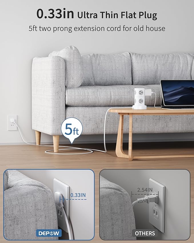 2 Prong Power Strip, 2 to 3 Prong Outlet Adapter with 9 Outlets 3 USB Ports (2 USB C), 1700J Two Prong Surge Protector, 5FT Power Strip Tower, Wall Mount for Old House Non-Grounded Outlets-DeskLoop Office