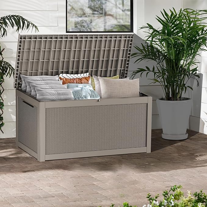 320 Gallon Lockable Resin Deck Box, Waterproof & UV-Resistant Outdoor Storage Box for Outdoor Cushion Storage, Garden Tools & Pool Accessories Storage, Gray-DeskLoop Office