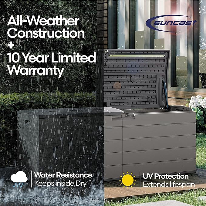 Suncast 120-Gal. All-Weather Patio Deck Box with Pad-Lockable Split Top Lid, Extra-Large Outdoor Storage Unit for Patio Furniture and Grill Tools, Made in the USA-DeskLoop Office