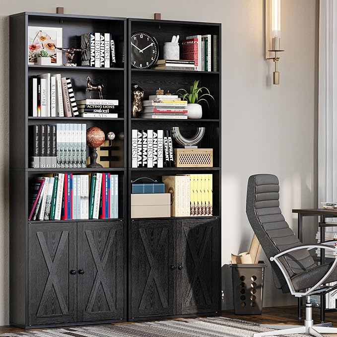 IRONCK Industrial Bookshelves and Bookcases with Doors Set of 2 Floor Standing 6 Shelf Display Storage Shelves 70 in Tall Bookcase for Home Office, Living Room-DeskLoop Office