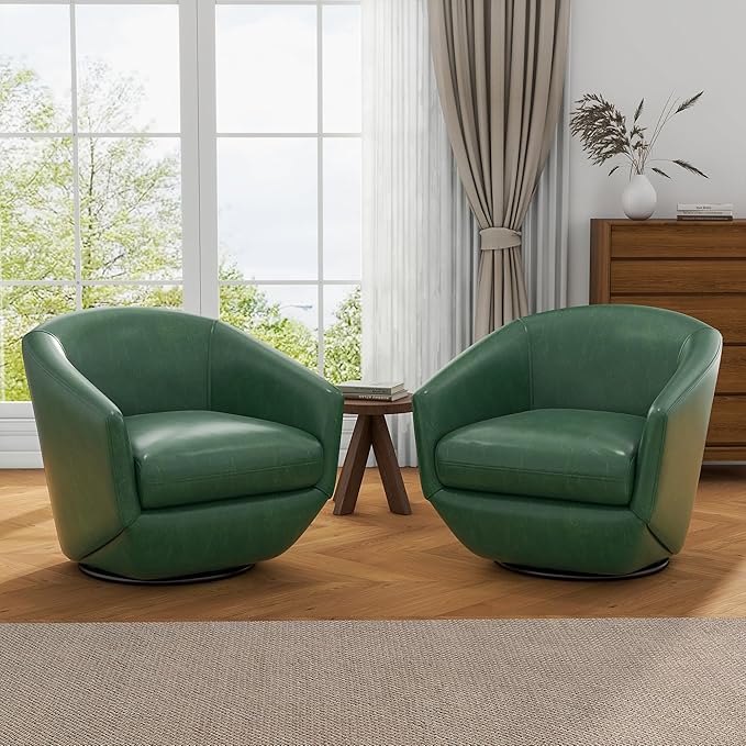 UIXE Faux Leather Swivel Accent Chairs Set of 2, Barrel Chair Upholstered Club Armchair for Living Room, Comfy Single Sofa Bedroom Side Reading Seat - Green-DeskLoop Office