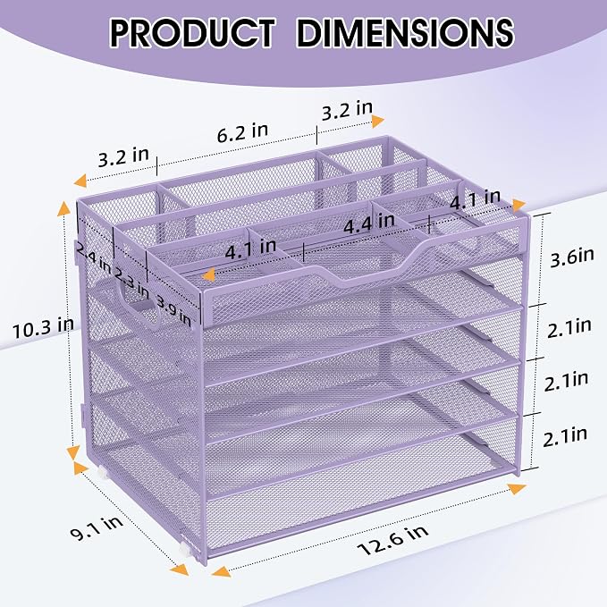 5 Tier Paper Letter Tray with 3 Drop-in Pen Holders, Mesh Desk File Organizer - Image 2