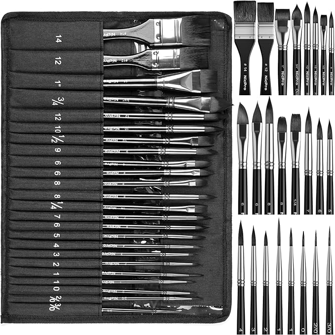 Nicpro 24pcs Watercolor Brushes Professional, Soft Synthetic Squirrel Hair Watercolor Brush Set with Cloth Roll, Round, Liner, Flat, Filbert, Dagger, Cat Tongue for Water Color Gouache Inks Painting-DeskLoop Office