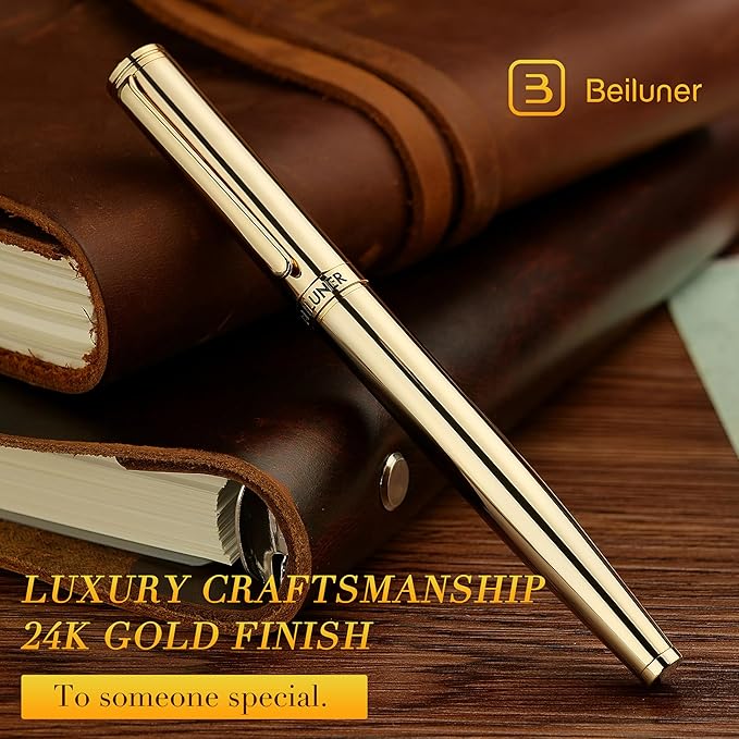 BEILUNER Gold Fountain Pen,Stunning Luxury Pens with 24K Gold Finish, Gorgeous 24K Gilded Nib(Medium), Ink Converter,Fancy Pen Gift for Men&Women-Elegant, Office, Professional, Reliable, Nice Design-DeskLoop Office
