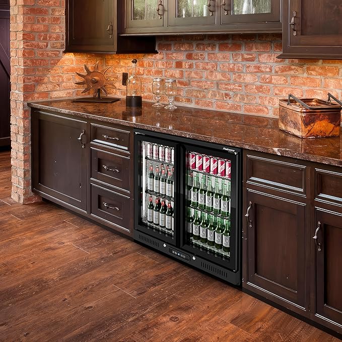 36 inch 206 cans Duo Hinged Door Back Bar Beverage Cooler, 6.75 cu. ft. Under Counter Glass Door Bar Fridge with hinged doors, lockable, 32-50°F Display Refrigerator, ETL Certified, Black-DeskLoop Office