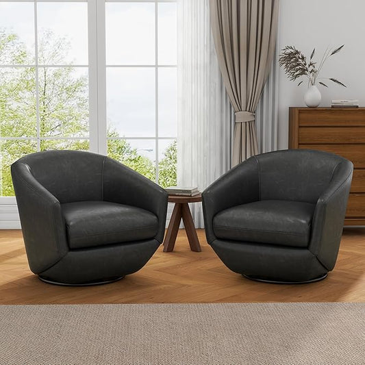 UIXE Faux Leather Swivel Accent Chairs Set of 2, Barrel Chair Upholstered Club Armchair for Living Room, Comfy Single Sofa Bedroom Side Reading Seat - Black-DeskLoop Office