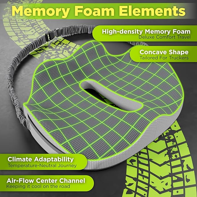 Large Truck Seat Cushion for Truck Driver Seat Cushion - Upgraded Back Support, CertiPUR-US® Certified - Thick Memory Foam, Pain Relief for Hours of Driving, Trucker Approved Big Rig - Gray-DeskLoop Office