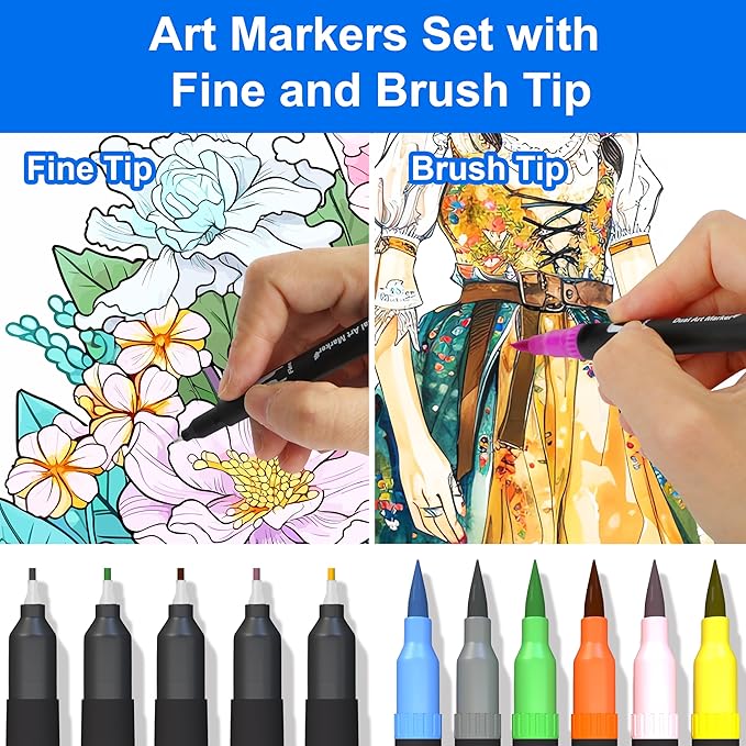 Dual Brush Marker Pens, 24 Colors Art Markers with Fine and Brush Tip Coloring Markers for Adults, Marker for Journaling Calligraphy Drawing Sketching Doodling Illustrating-DeskLoop Office