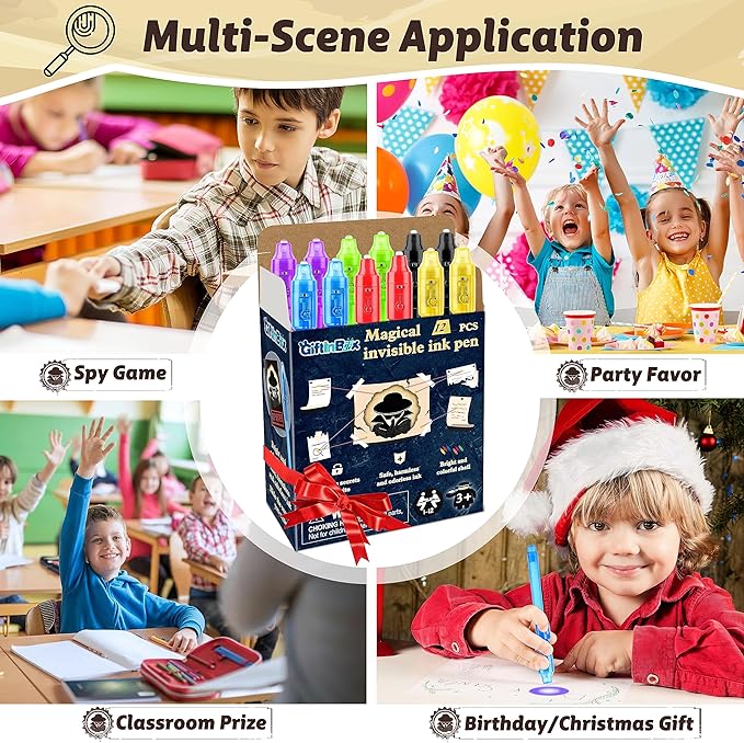 GIFTINBOX Invisible Ink Pens with UV light for Kids, Spy Pen Party Favors for Kids 8-12, 12 Pack Invisible Ink Pen and Notebook, Magic Marker for Secret Message Birthday Party Favors for Kid 4-8-DeskLoop Office