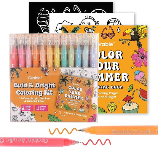 Grabie 12Colors Acrylic Gel Pens&Coloring Book, Medium Point Colored Gel Pens by Grabie