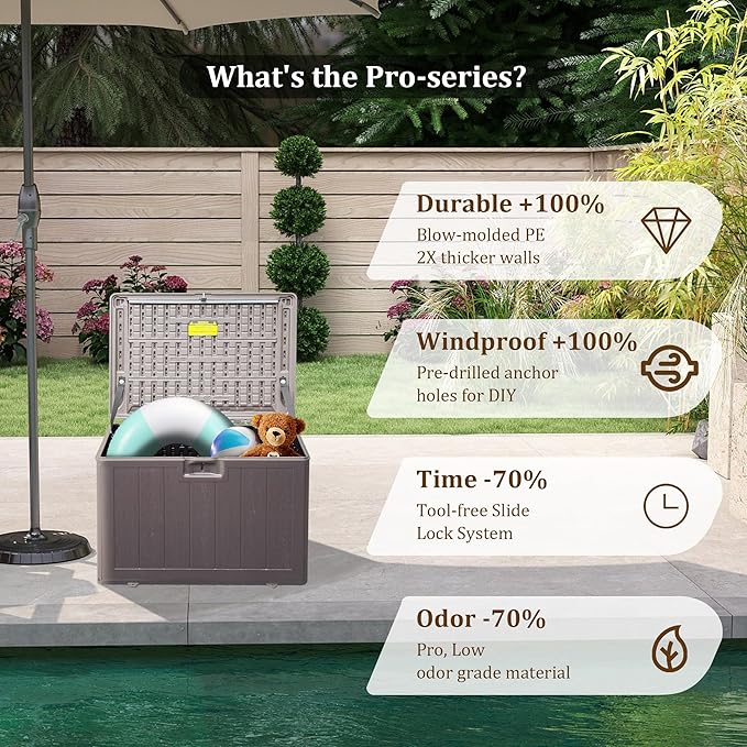 110 Gallon Pro Outdoor Storage Box Waterproof Lockable Deck Box Large, Patio Storage Bin for Pool Accessories Cushion Furniture, Garden Tools, UV-Resistant Outside Delivery, Grayish Brown-DeskLoop Office