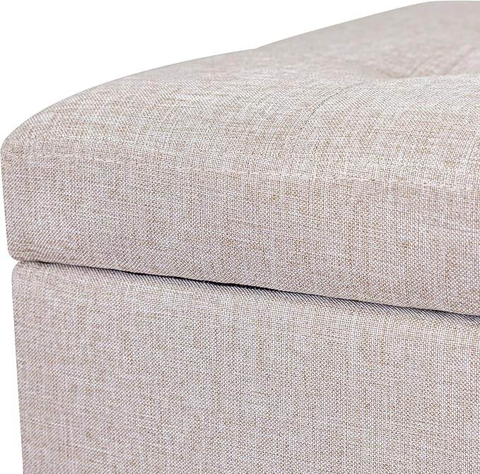 Adeco 18 Inch High Cube Ottoman Storage, Linen Chair Foot Stools, Upholstered Vanity Stool with Hinged Lid, Solid Wood Legs (Beige Grey)-DeskLoop Office