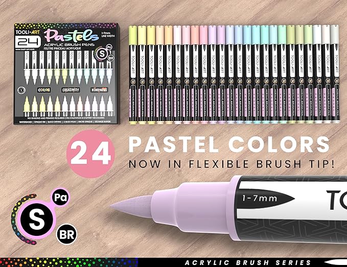 24 Flexible Brush Tip Acrylic Paint Pens Markers Set 1-7mm Line for Rock Painting, Brush Lettering, Glass, Mugs, Wood, Metal, Canvas, Fabric, Plastic Non Toxic Waterbased Quick Drying Assorted Pastel-DeskLoop Office