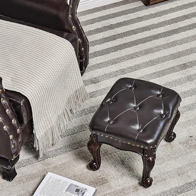 Foot Stool Ottoman Foot Rest Microfiber Leather Upholstered Footstool for Sofa, Living Room, Entryway, Solid Wood Stool (Dark Brown)-DeskLoop Office