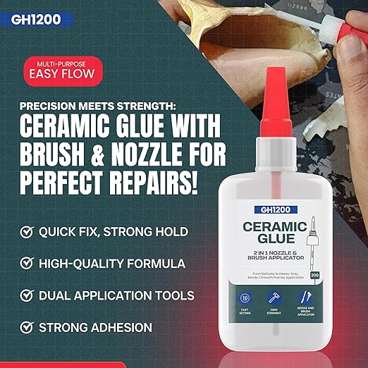 GH1200 Ceramic Glue Repair with Brush Applicator & Nozzle (20 g), Waterproof, Clear, Smooth. Fast Drying, Ceramic Glue for Pottery, Dishes, Mugs & More-DeskLoop Office