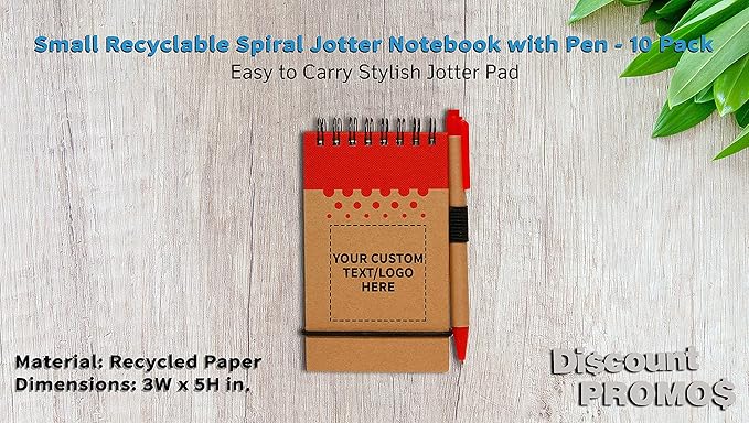 DISCOUNT PROMOS 10 Recyclable Spiral Small Notebooks Pack - Customizable Text, Logo - 60 Lined Pages - Red