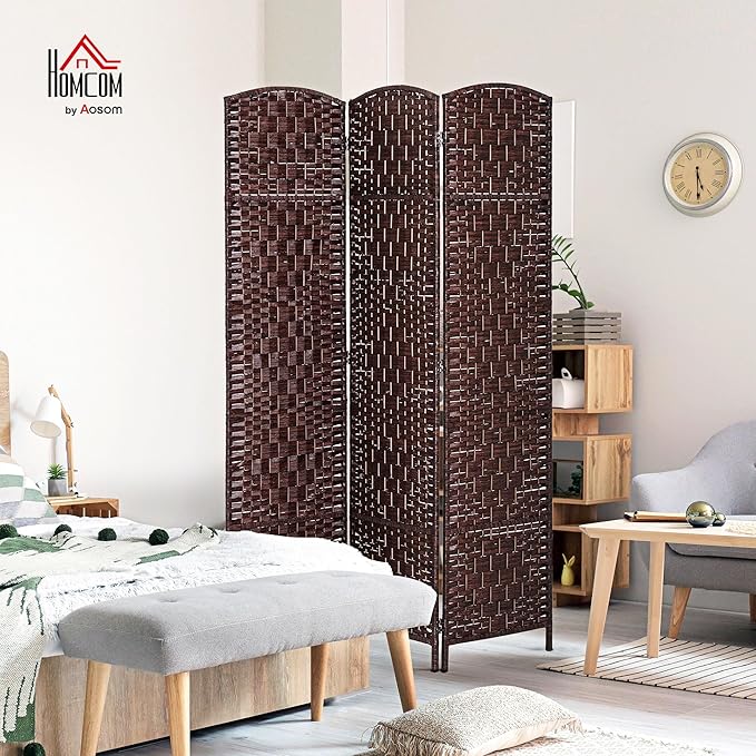 HOMCOM Room Divider, 3 Panel Folding Privacy Screen, 6FT Tall Portable Wicker Weave Partition Wall Divider for Bedroom, Home Office, Brown-DeskLoop Office