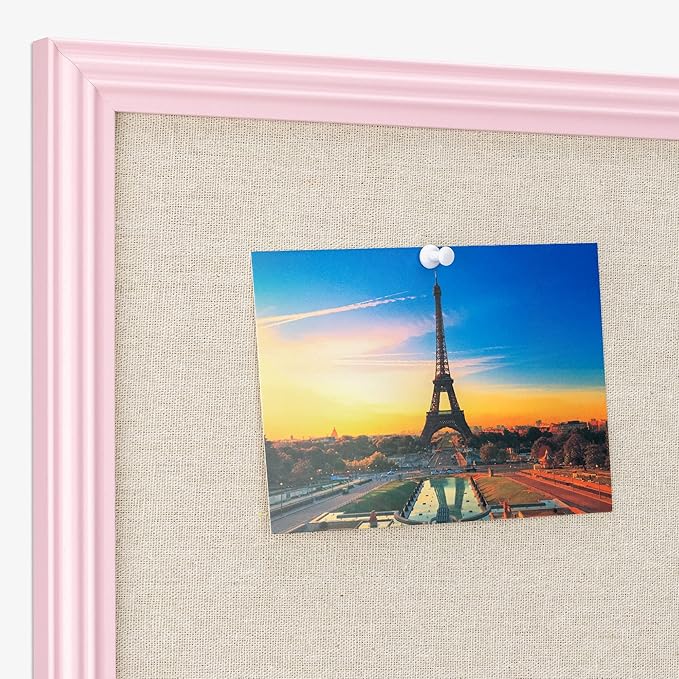 Navaris Framed Linen Bulletin Board - 17 x 23 inches Fabric Jewelry Organizer Pinboard for Wall Memory Memo Pin Board - Natural Linen with Pink Frame-DeskLoop Office