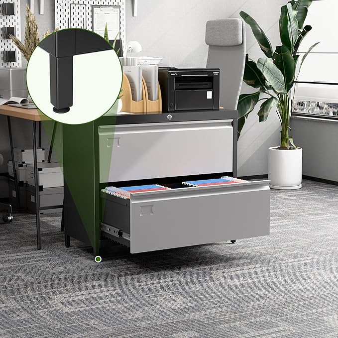 Metal 2 Drawer Lateral File Cabinet with Lock & Adjustable Feet - Wide Filing Cabinet for Letter/Legal/F4/A4 Hanging Files - Includes Business Card Holder,Home Office School Storage,Black/Grey-DeskLoop Office