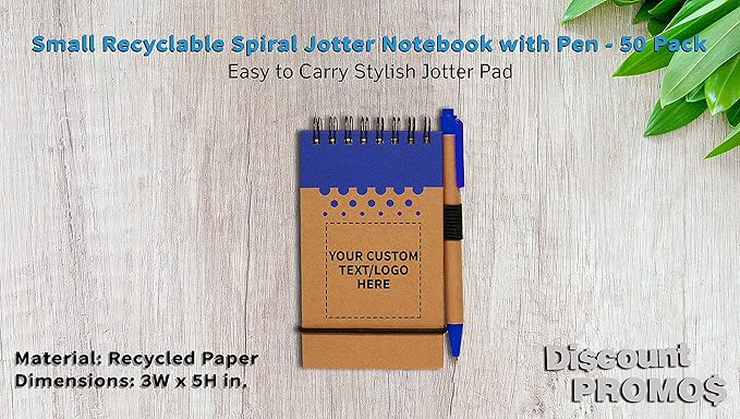 DISCOUNT PROMOS 50 Recyclable Spiral Small Notebooks Pack - Customizable Text, Logo - 60 Lined Pages - Blue