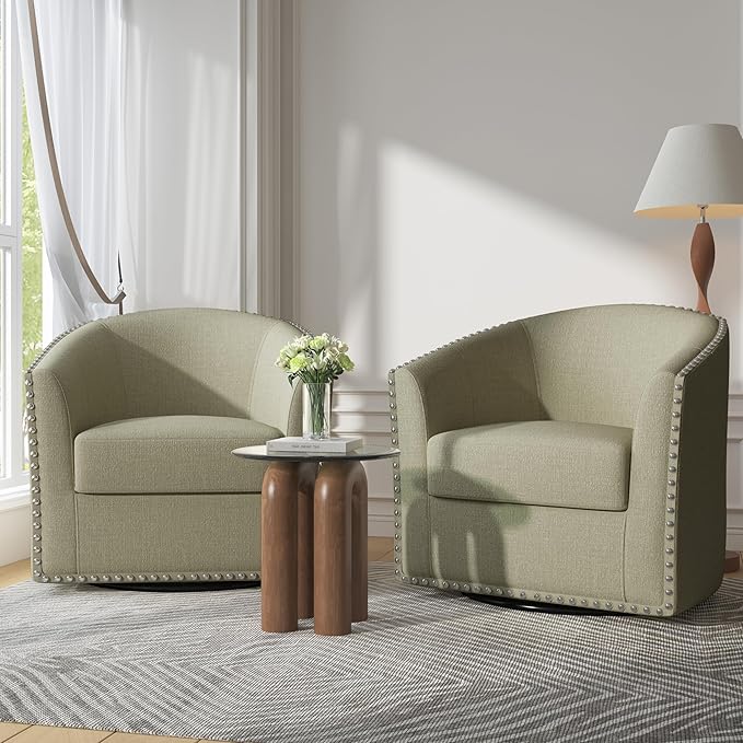UIXE 360° Swivel Barrel Accent Chair Set of 2, Modern Upholstered Arm Chair Round Club Armchair, Nailhead Trim Single Sofa Seating in Fabric for Living Room - Light Camel-DeskLoop Office
