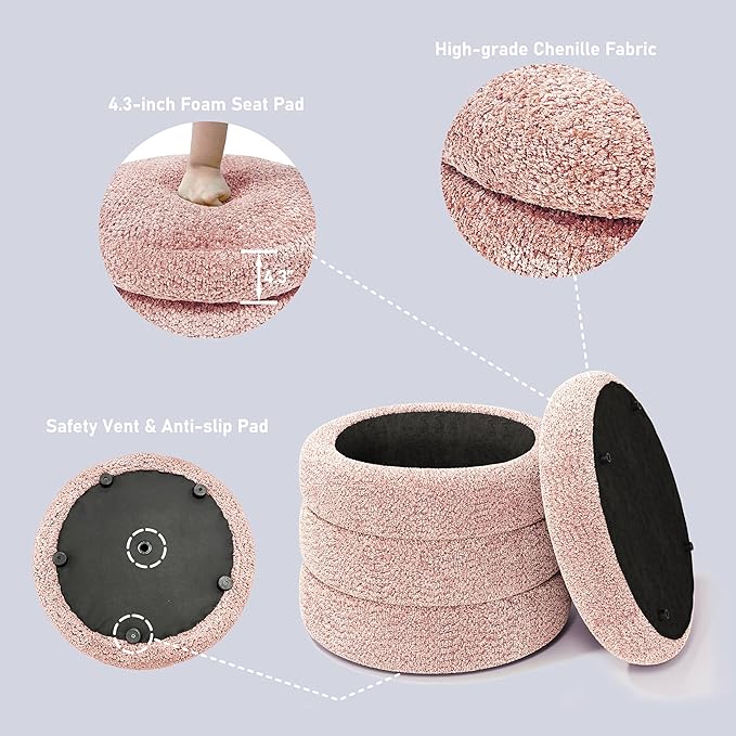 Storage Ottoman, Round Ottoman with Storage, Vanity Stool Foot Rest with Removable Lid, Round Boucle Upholstered for Living Room Pouf Footstool (Pink)-DeskLoop Office