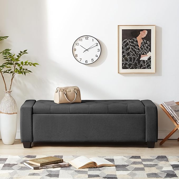 48" Ottoman with Storage, Storage Ottoman Bench with Safety Hinge, Upholstered Entryway Bench with Seating for Bedroom, Living Room, Holds up to 330 lb, Dark Gray-DeskLoop Office