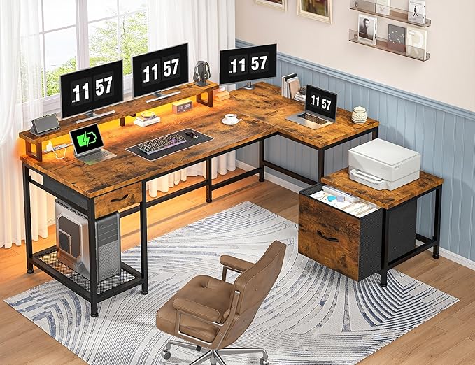 L Shaped Computer Desk with Drawers, Gaming Desk with LED Lights & Monitor Shelf, Office Desks with Power Outlets, Corner Desks for Home Office, Study Room and Bedroom, Rustic Brown-DeskLoop Office