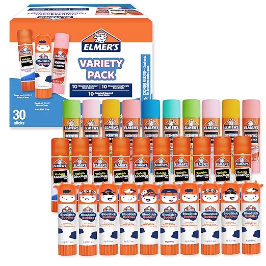 Elmer's Glue Stick Variety Pack, Featuring BlooStick Buddies, Disappearing Purple, and Scented Glue Sticks, Assorted, 30 Count-DeskLoop Office
