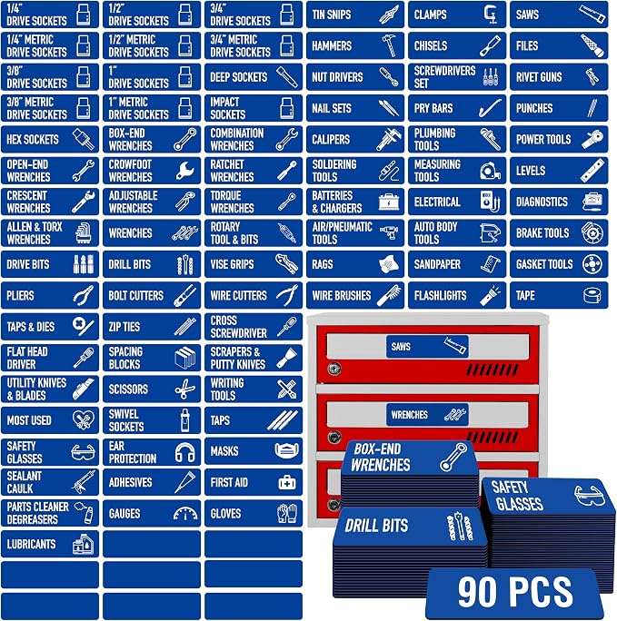 90 PCS Magnetic Toolbox Labels, 82 Pre-Printed & 8 Blanks Large Size Tool Chest by VANTASII
