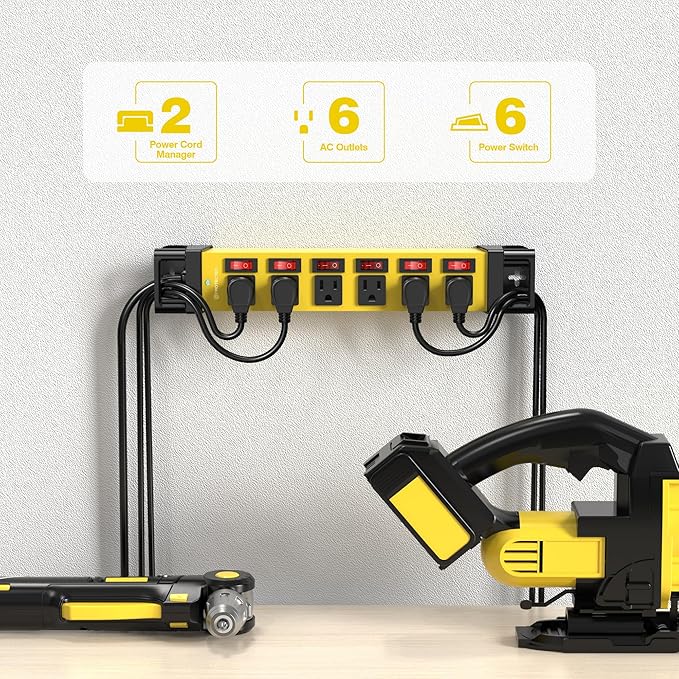 Heavy Duty Power Strip - 6 Outlet Power Strip with 6 Individual Switches Cord Manager Surge Protector 1200J Home Office Garage Industrial Workshop-DeskLoop Office