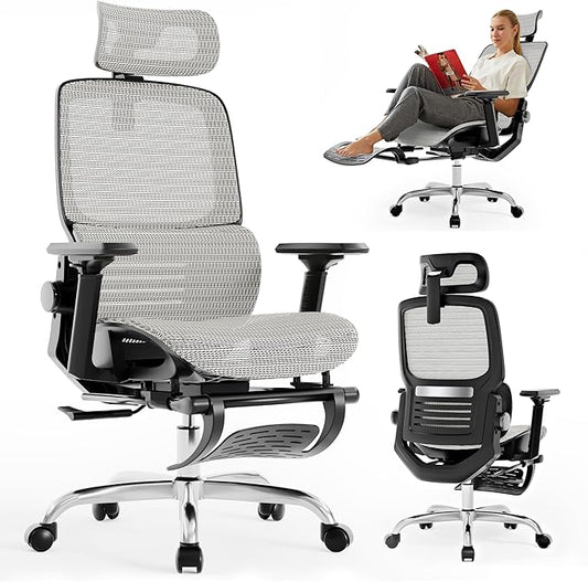 Ergonomic Office Chair, High Back Desk Chairs with Retractable Footrest, Breathable Mesh, Adjustable Headrest, 3D Armrests, Lumbar Support, Tilt Function, Comfy Swivel Computer Gaming Chair