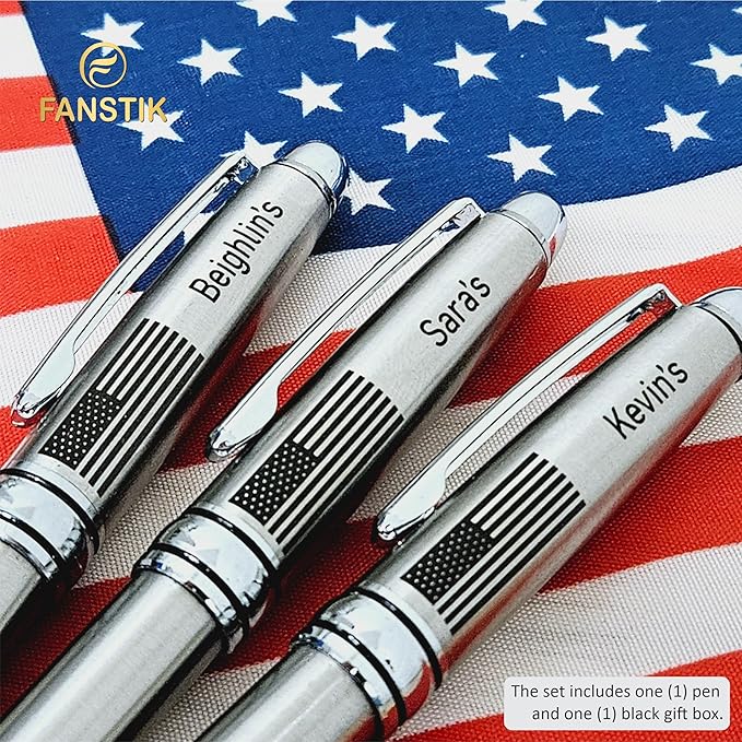 Customized BallPoint pen with name and US Flag (MADE IN USA), stainless steel, silver, luxury engraved pen personalized for men and for women. (BallPoint US-Flag)-DeskLoop Office