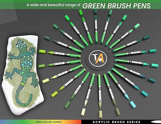 22 Flexible Brush Tip Acrylic Paint Pens Markers Set 1-7mm Line for Rock Painting, Brush Lettering, Glass, Mugs, Wood, Metal, Canvas, Fabric, Plastic. Non Toxic Waterbased Quick Drying Assorted Green-DeskLoop Office