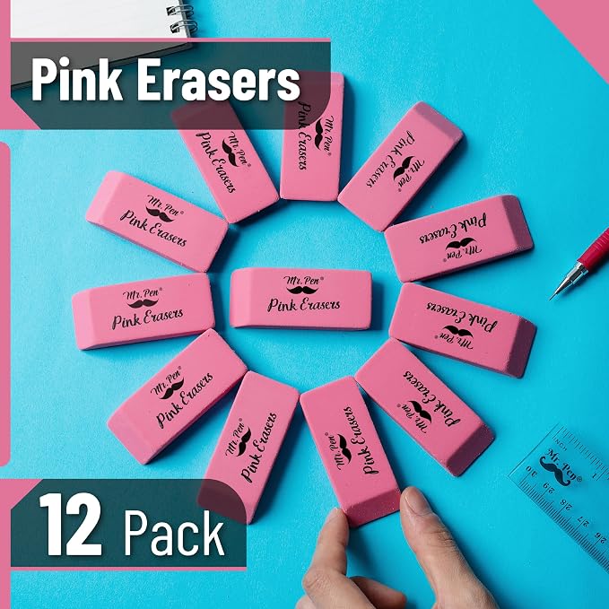 Mr. Pen- Pink Pencil Eraser, 12 Pack | Large Latex Free Block Erasers - Image 2
