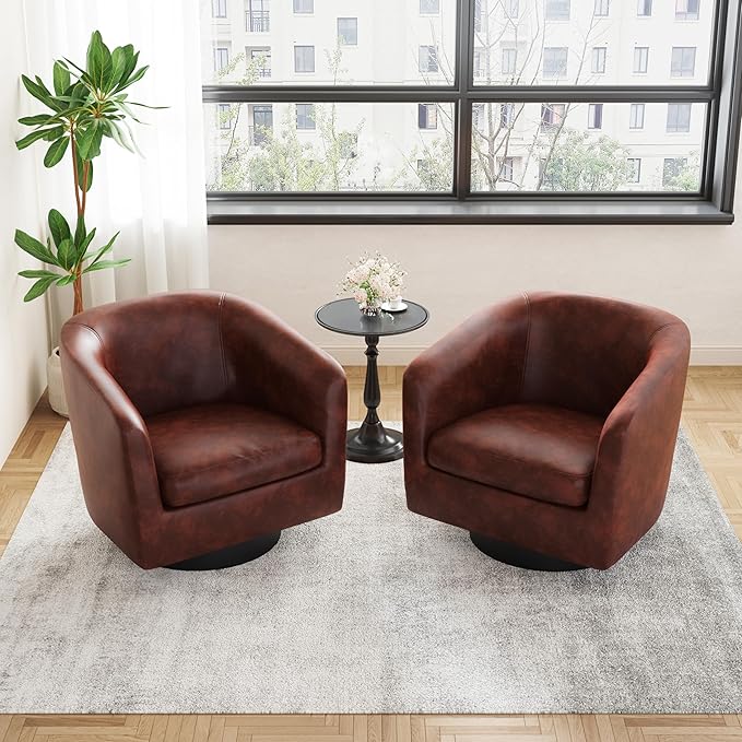 UIXE Faux Leather Swivel Accent Chairs Set of 2, Modern Upholstered Barrel Chairs for Living Room, Comfy Round Armchair Single Sofa Bedroom Reading Seat - 31" W, Red Brown-DeskLoop Office