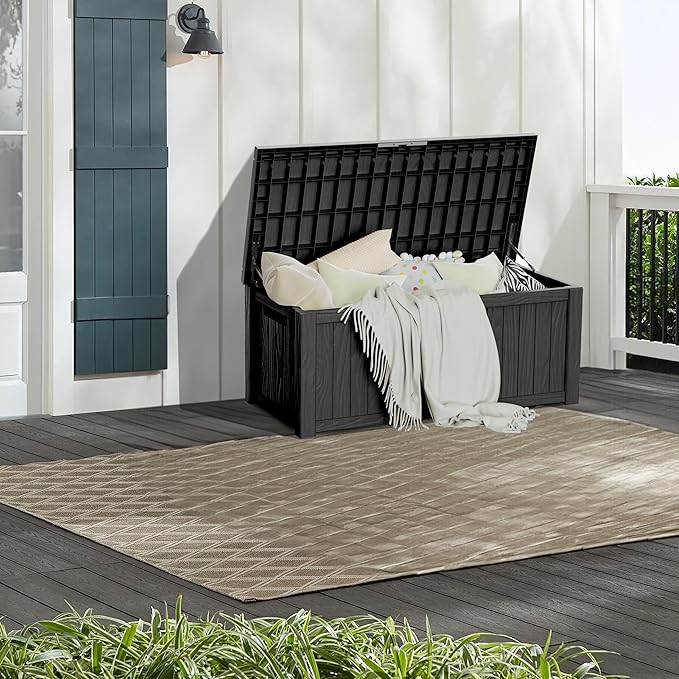 150 Gallon Lockable Resin Deck Box, Waterproof & UV-Resistant Outdoor Storage Box for Outdoor Cushion Storage, Garden Tools & Pool Accessories Storage, Black-DeskLoop Office