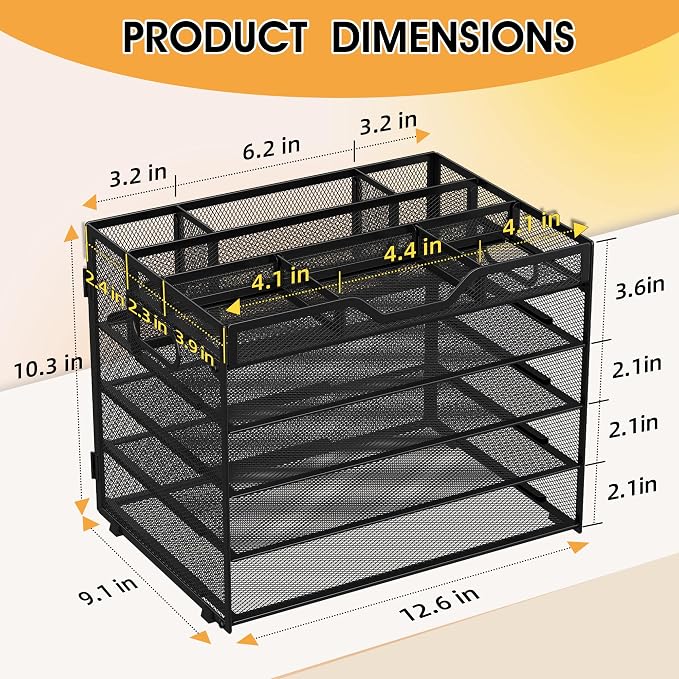 5 Tier Paper Letter Tray with 3 Drop-in Pen Holders, Mesh Desk File Organizer - Image 2