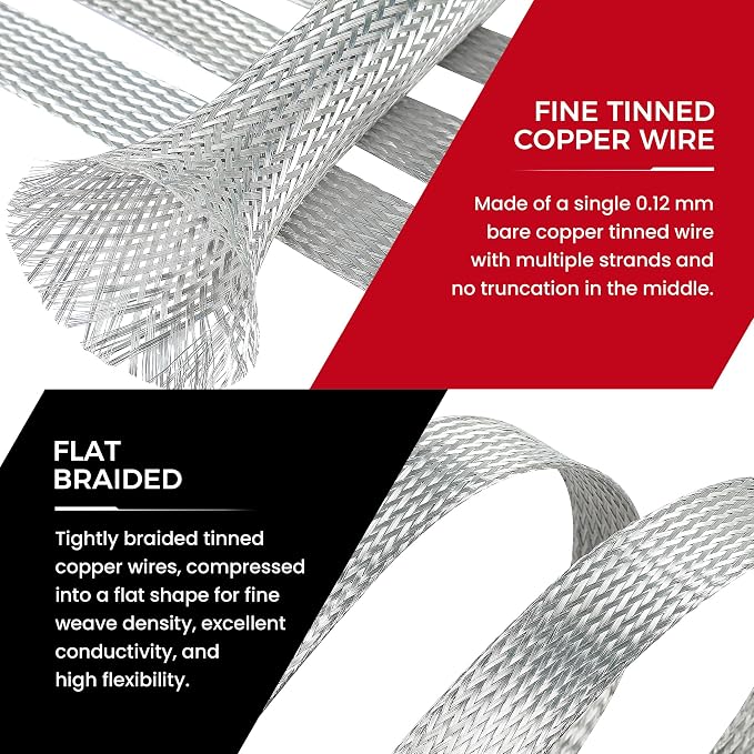 Tinned Copper Braid Cable Wire Shielding Sleeve Ground Straps Protection Flat - Image 5