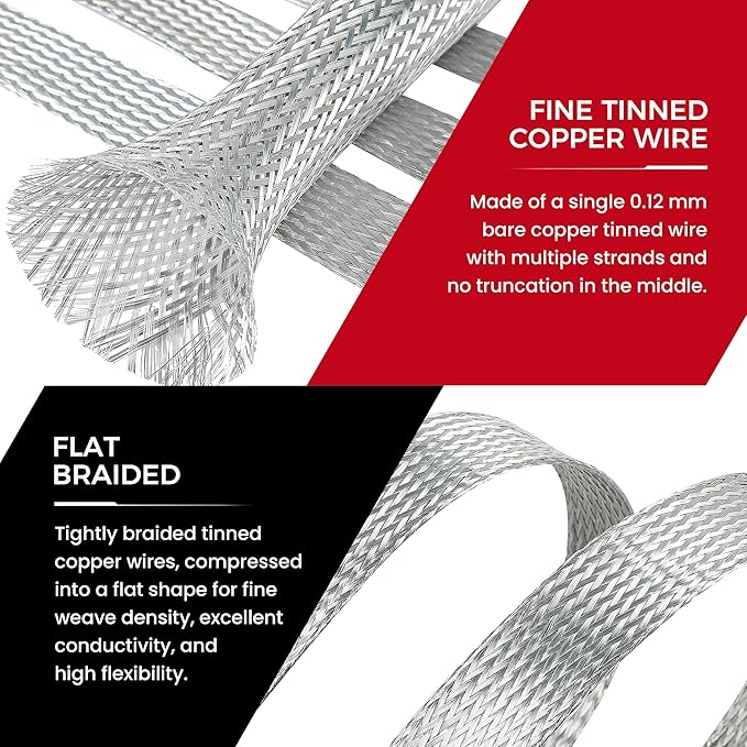 1/2" Wide Tinned Copper Braided Metal Wire Shielding Sleeve Ground Strap - Image 3