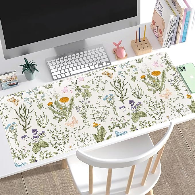 Cute Flowers Desk Mat Pressed Dried Floral Mouse Pad Neutral Beige Sage Green - Image 7