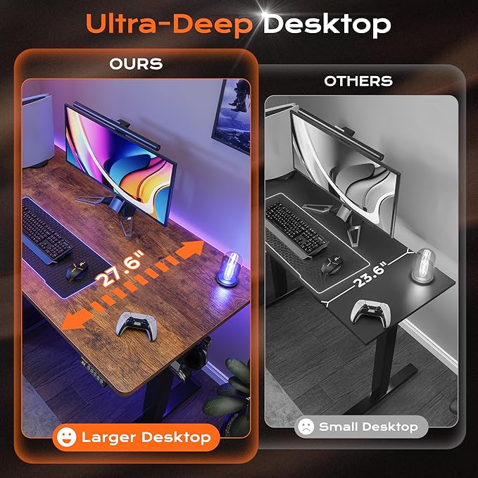 Huuger 55 x 28 Large Electric Standing Desk, Height Adjustable Computer Desk, 27.6" Deep Desktop, Stand up Gaming Office Desk with 2 Hooks, 3 Preset Heights, for Home Office, Rustic Brown-DeskLoop Office